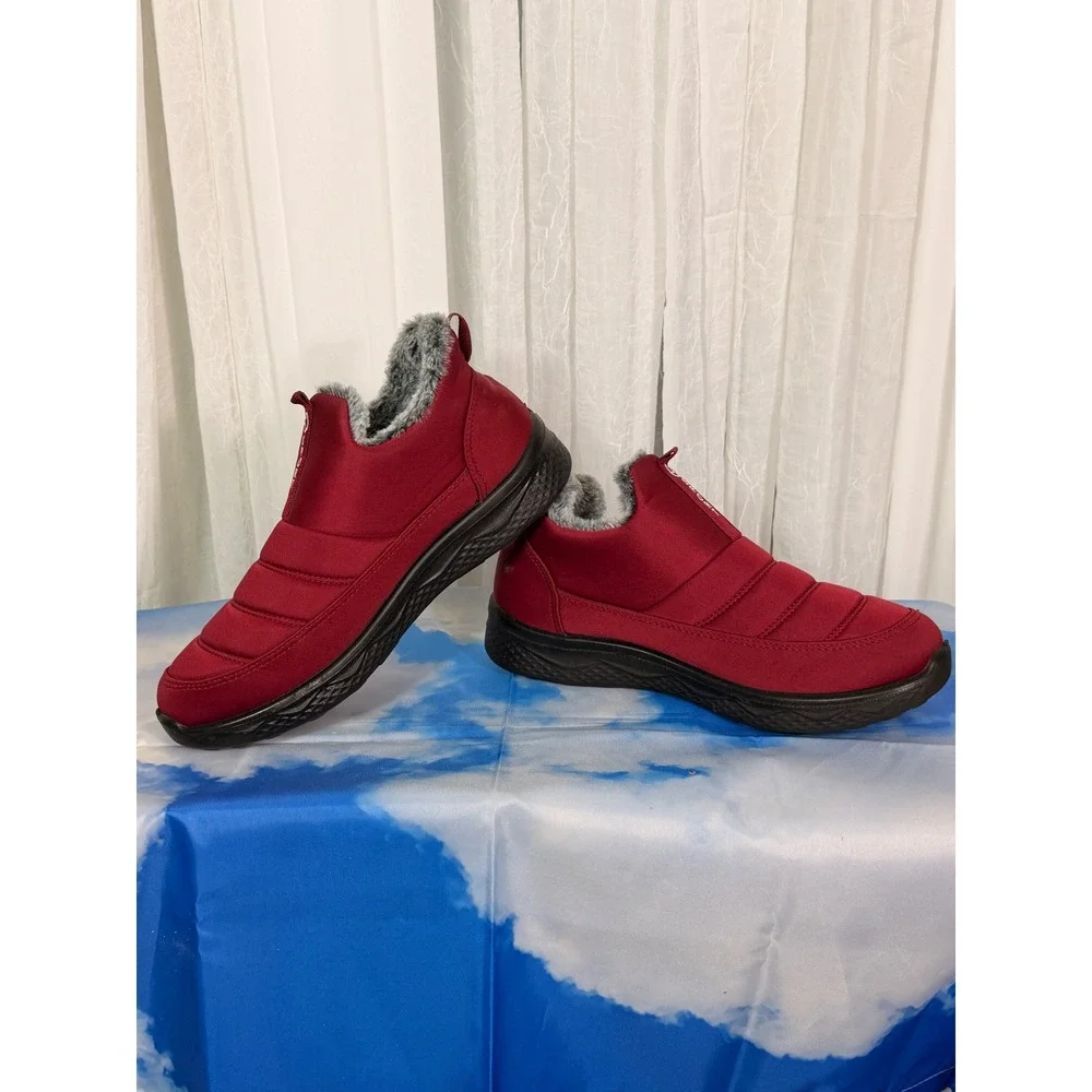 Sport Red Quilted Faux Fur Lined Slip On Winter Puffer Boots Ankle Shoes 260